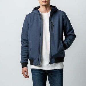 Guess Mens Bomber Jacket Hooded Casual Fall Navy Blue and Black Size Medium